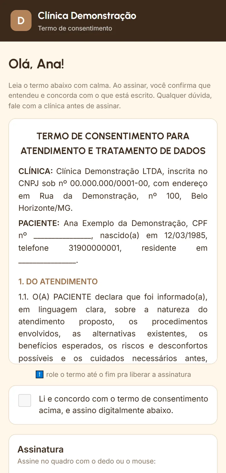 Termo de consentimento assinado no celular